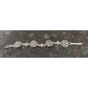 Brighton Empire Lace Retired Crystal Silver Fold Over Clasp Bracelet Boho Sz 7"